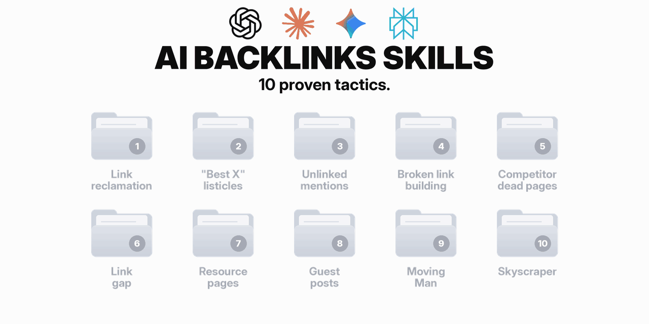 The ten link building tactics in the skill, each as its own folder