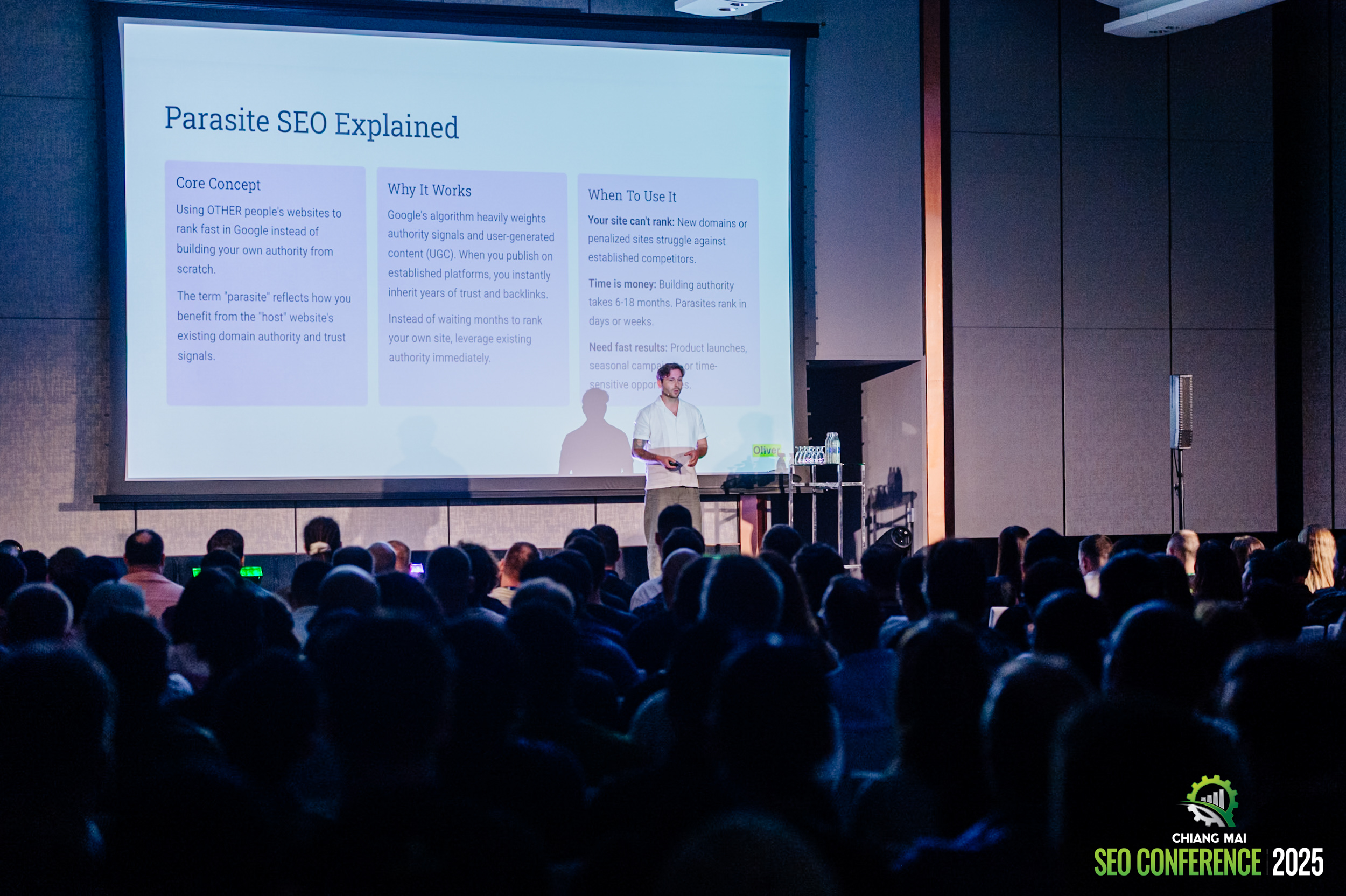 James Oliver presenting Parasite SEO Explained at CMSEO Conference 2025